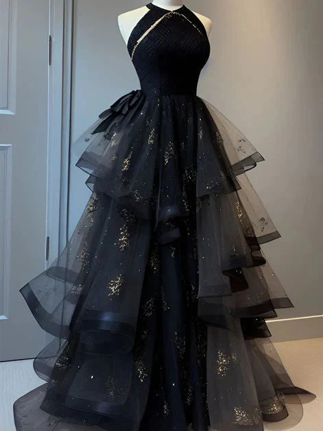 Retro Ball Gown Scoop Neckline Black Tulle Party Dress Prom Dress Evening Dress