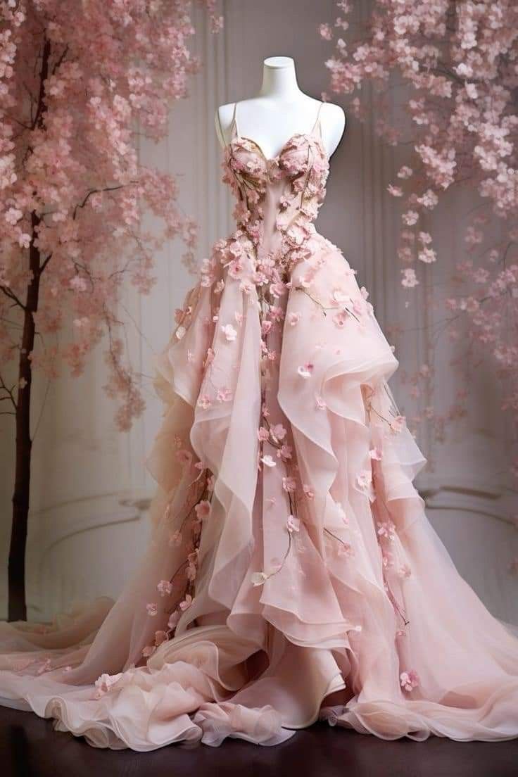 Retro Ball Gown Spaghetti Straps Pink Floral Tulle Evening Dress Prom Dress