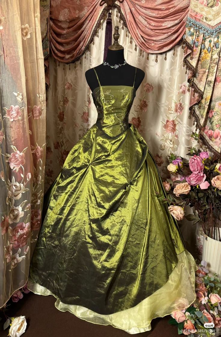 Retro Ball Gown Spaghetti Straps Satin Olive Green Long Party Dress Prom Dress Main image