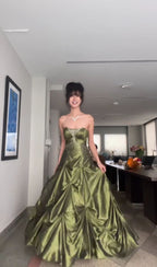 Retro Ball Gown Strapless Green Ruffles Satin Long Party Dress Prom Dress