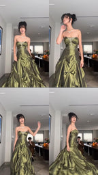 Retro Ball Gown Strapless Green Ruffles Satin Long Party Dress Prom Dress
