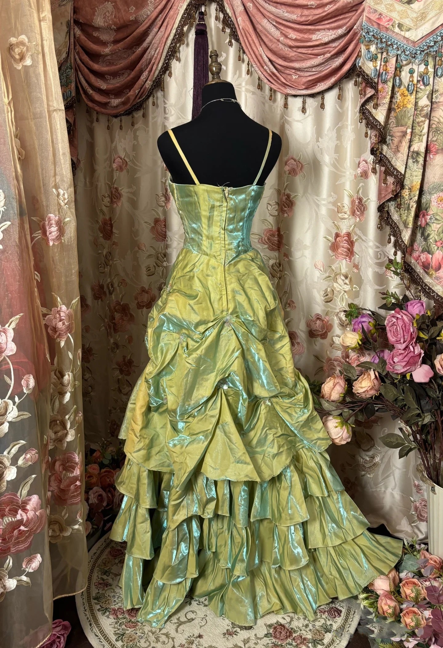 Retro Ball Gown Straps Satin Sage Green Long Party Dress Prom Dress
