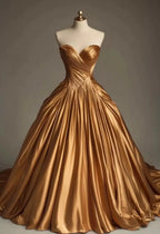 Retro Ball Gown Sweetheart Satin Gold Party Dress Prom Dress Evening Dress