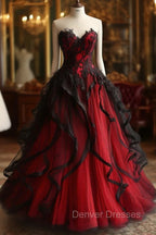 Retro Ball Gown Sweetheart Tulle Red Party Dress Black Prom Dress Evening Dress
