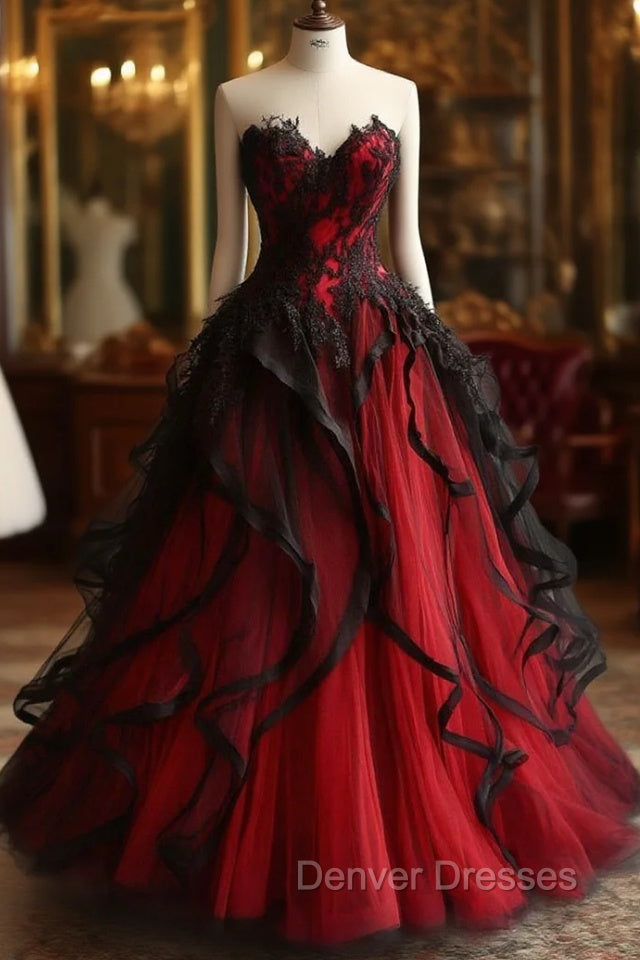 Retro Ball Gown Sweetheart Tulle Red Party Dress Black Prom Dress Evening Dress