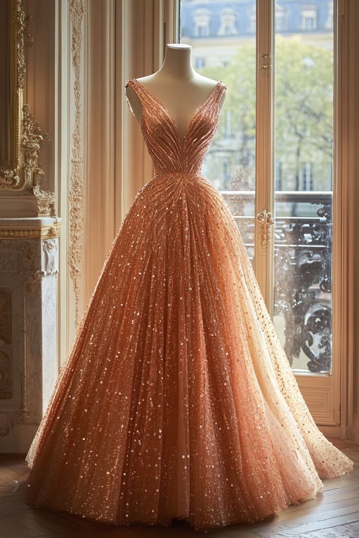Retro Ball Gown V Neckline Sequin Party Dress Long Prom Dress Evening Dress Main image