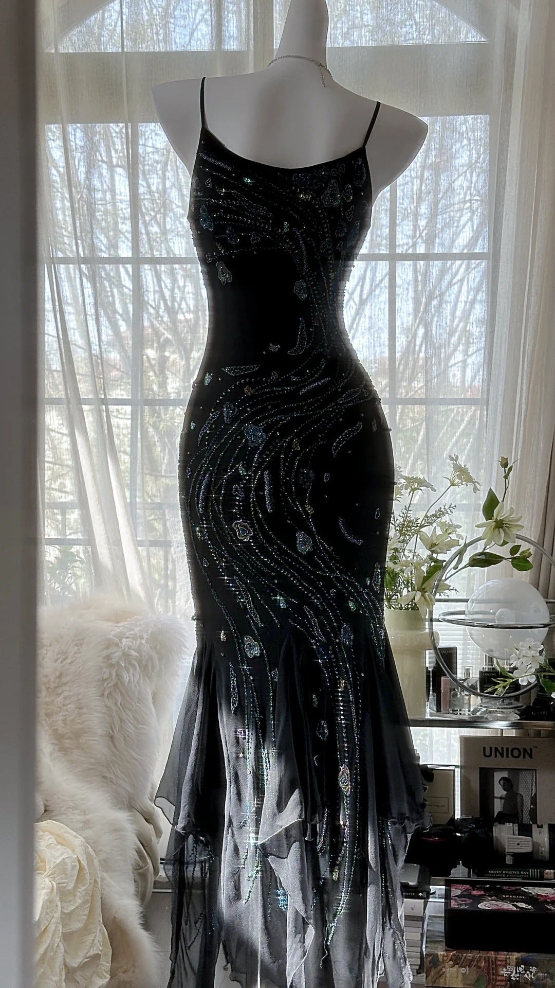 Retro Beautiful Shoulder Strap Beaded Chiffon Irregular Skirt Prom Dress