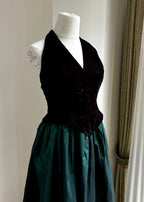 Retro Black And Green A-Line Halter Neck Velvet And Satin Prom Dress Evening Dress