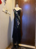 Retro Black Mermaid Deep V Halter Sequined Long Prom Dress Evening Dress