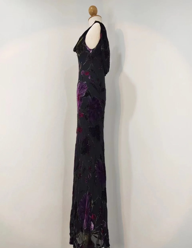 Retro Black Mermaid Neckline Embroidered Floral Backless Chiffon Long Prom Dress Evening Dress Secondary image