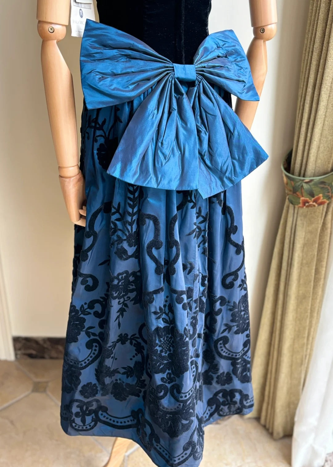 Retro Blue And Black A-Line Strapless Bow Jacquard Velvet Long Prom Dress Evening Dress