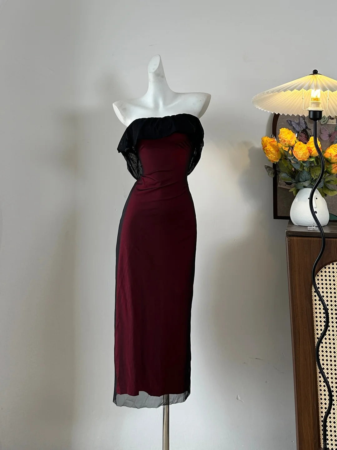 Retro Burgundy Slim-Fit Tube Top Ruffled Tulle Prom Dress Evening Dress Main image