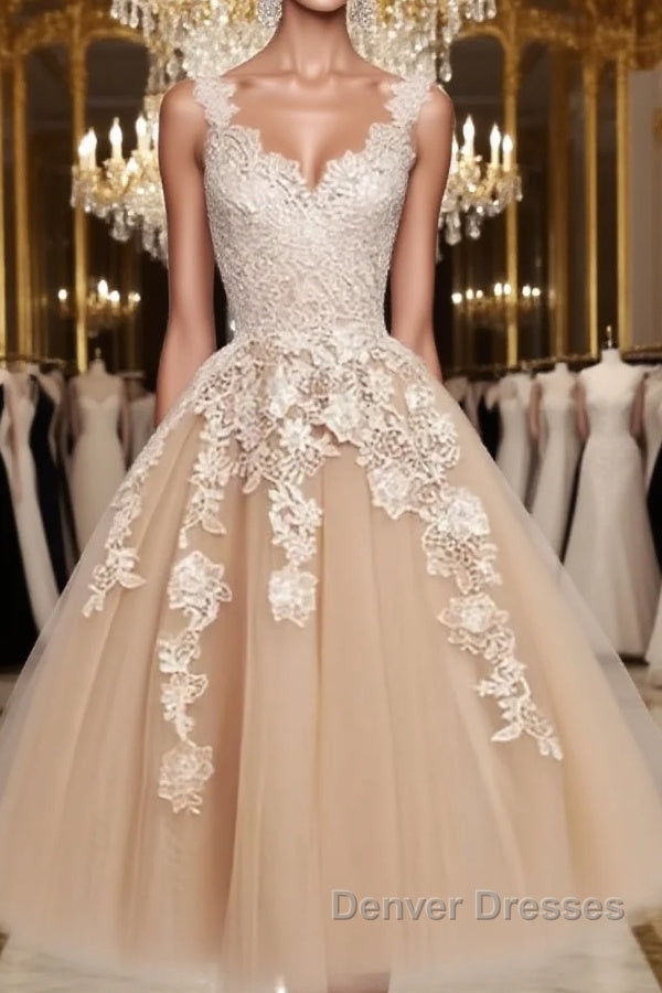 Retro Champagne V-neck Applique Short Prom Dress, Lace Evening Dress, Party Dress