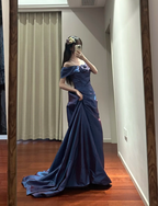 Retro Elegant Blue-Purple Off-Shoulder Hand-Pleated Satin Prom Dress Evening Dress