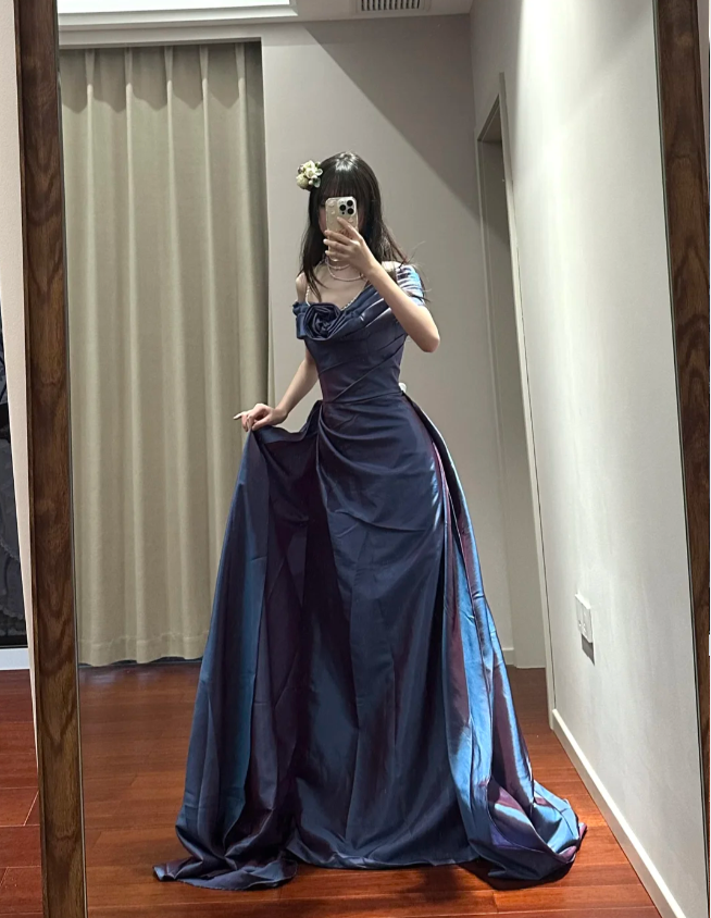 Retro Elegant Blue-Purple Off-Shoulder Hand-Pleated Satin Prom Dress Evening Dress