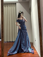 Retro Elegant Blue-Purple Off-Shoulder Hand-Pleated Satin Prom Dress Evening Dress