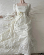 Retro Elegant Ivory A-Line Square Neck Long Sleeve Embroidered Lace Long Prom Dress Evening Dress