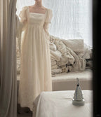 Retro Elegant Ivory A-Line Square Neck Long Sleeve Embroidered Lace Long Prom Dress Evening Dress