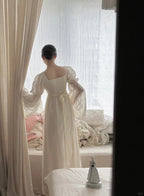 Retro Elegant Ivory A-Line Square Neck Long Sleeve Embroidered Lace Long Prom Dress Evening Dress