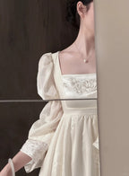 Retro Elegant Ivory A-Line Square Neck Long Sleeve Embroidered Lace Long Prom Dress Evening Dress