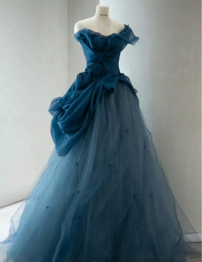 Retro Elegant Navy Blue One-Shoulder Tulle Long Ball Gown Evening Dress Secondary image