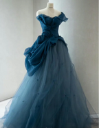 Retro Elegant Navy Blue One-Shoulder Tulle Long Ball Gown Evening Dress