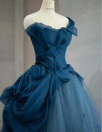 Retro Elegant Navy Blue One-Shoulder Tulle Long Ball Gown Evening Dress