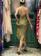 Retro Elegant Olive Green Deep V Backless Cross-Beaded Chiffon Long Prom Dress Evening Dress