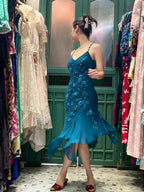 Retro Elegant Peacock Blue Irregular Deep V Halter Embroidered Chiffon Prom Dress Evening Dress