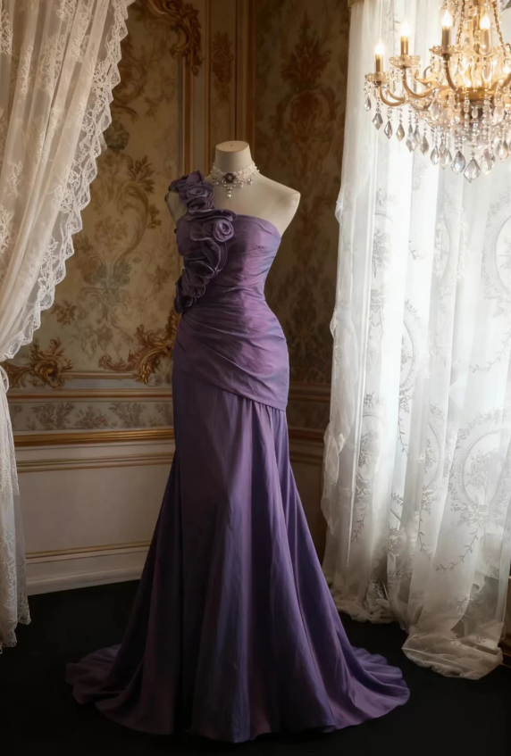 Retro Elegant Purple 3D Floral One-Shoulder Mermaid Satin Long Prom Dress Evening Dress