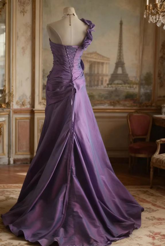 Retro Elegant Purple 3D Floral One-Shoulder Mermaid Satin Long Prom Dress Evening Dress
