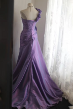 Retro Elegant Purple 3D Floral One-Shoulder Mermaid Satin Long Prom Dress Evening Dress