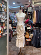 Retro Elegant White Mermaid Strapless Pleated Satin Long Prom Dress Evening Dress