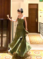 Retro Green Mermaid Straps Long Satin Party Dress, Green Satin Evening Dress Prom Dress