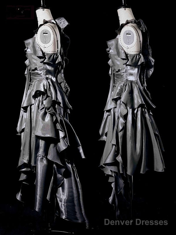 Retro High Low Irregular Spaghetti Straps Gray Short Prom Dresses Birthday Outfits