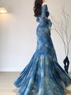 Retro Mermaid Off The Shoulder Floral Blue Long Sleeves Party Dress Birthday Outfits