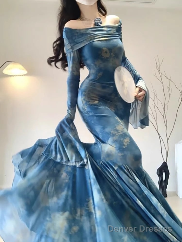 Retro Mermaid Off The Shoulder Floral Blue Long Sleeves Party Dresses Birthday Outfits Main image