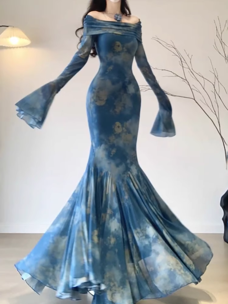 Retro Mermaid Off The Shoulder Floral Blue Long Sleeves Party Dress Birthday Outfits Main image