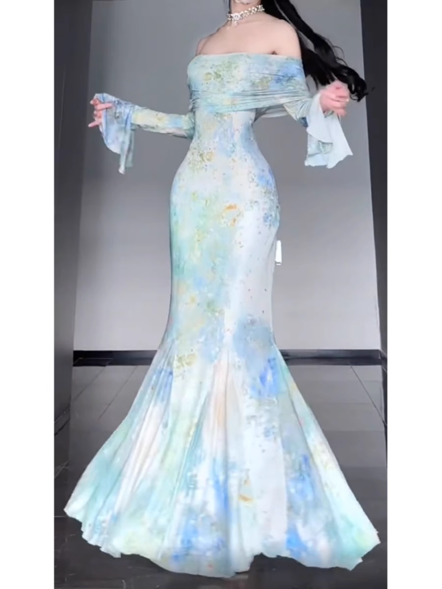 Retro Mermaid Off The Shoulder Floral Long Sleeves Party Dress Birthday Outfits