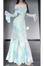 Retro Mermaid Off The Shoulder Floral Long Sleeves Party Dresses Birthday Outfits