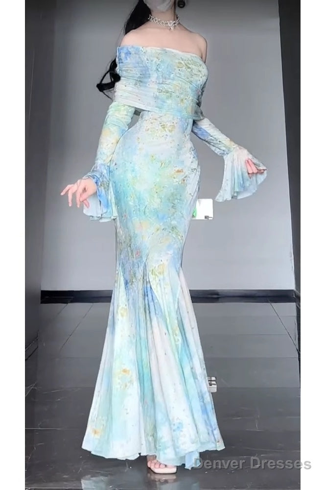 Retro Mermaid Off The Shoulder Floral Long Sleeves Party Dresses Birthday Outfits Main image
