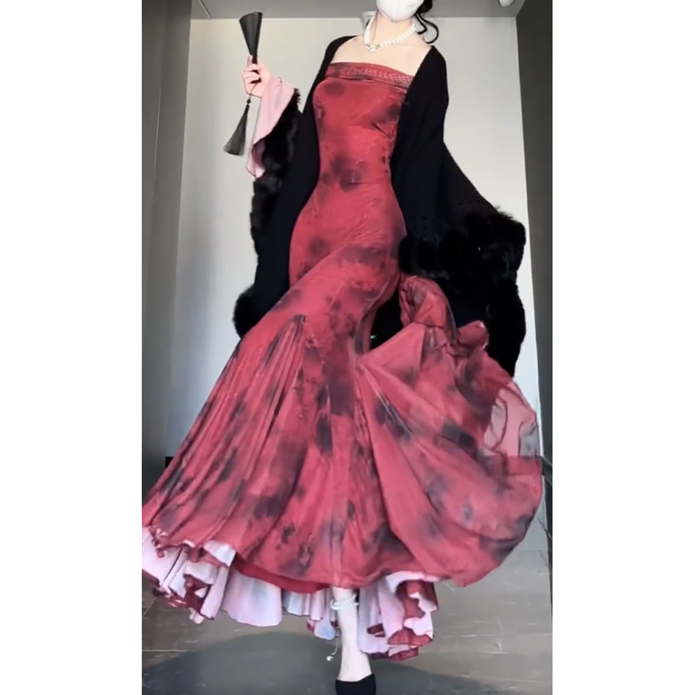 Retro Mermaid Off The Shoulder Floral Red Long Sleeves Party Dress Birthday Outfits