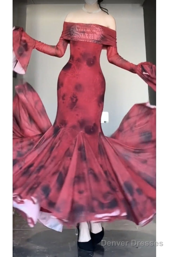 Retro Mermaid Off The Shoulder Floral Red Long Sleeves Party Dresses Birthday Outfits Main image