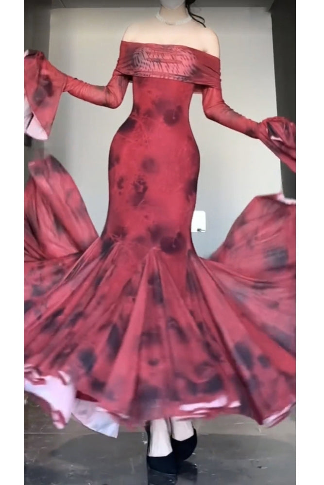 Retro Mermaid Off The Shoulder Floral Red Long Sleeves Party Dress Birthday Outfits