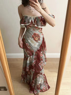 Retro Mermaid Print Ruffled Chiffon Long Prom Dress Evening Dress