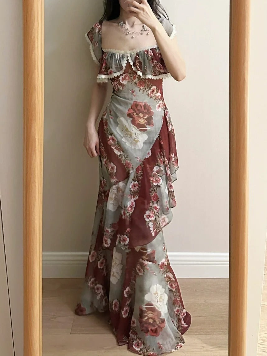 Retro Mermaid Print Ruffled Chiffon Long Prom Dress Evening Dress Main image