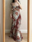Retro Mermaid Print Ruffled Chiffon Long Prom Dress Evening Dress