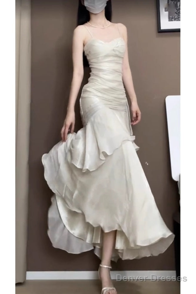 Retro Mermaid Spaghetti Straps Ankle Length Prom Dresses Birthday Outfits With Ruffles Main image