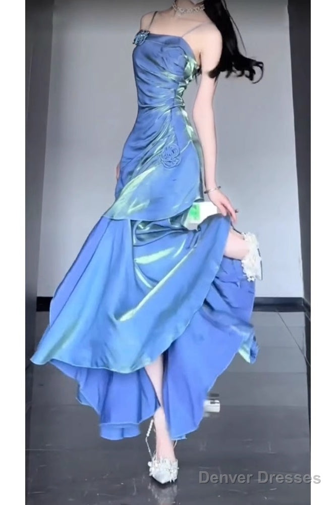 Retro Mermaid Spaghetti Straps Blue Ankle Length Prom Dresses Birthday Outfits With Flower Secondary image