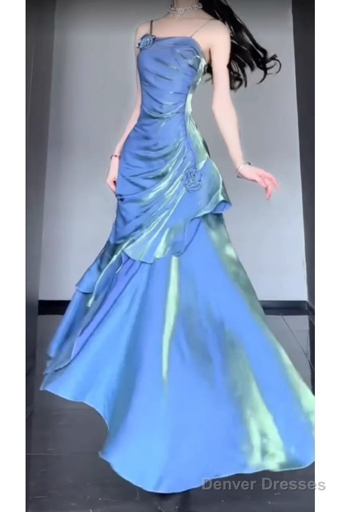 Retro Mermaid Spaghetti Straps Blue Ankle Length Prom Dresses Birthday Outfits With Flower